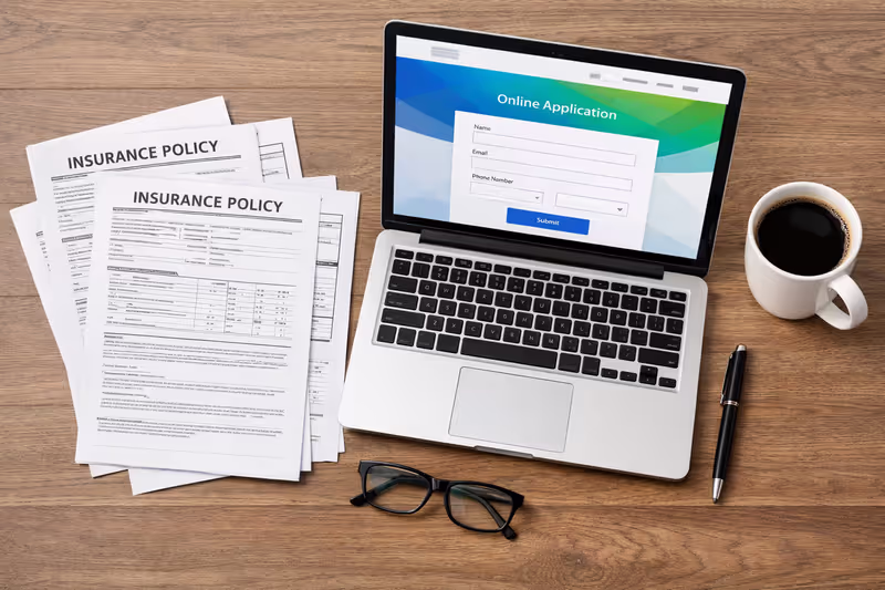 Top-down view of a desk with printed insurance documents, an open laptop showing a health plan application form, glasses, pen, and a coffee cup
