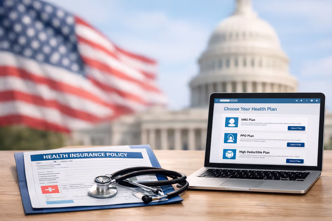 Health insurance policy document with stethoscope on desk, US Capitol building and American flag blurred in background, laptop showing insurance plan selection page