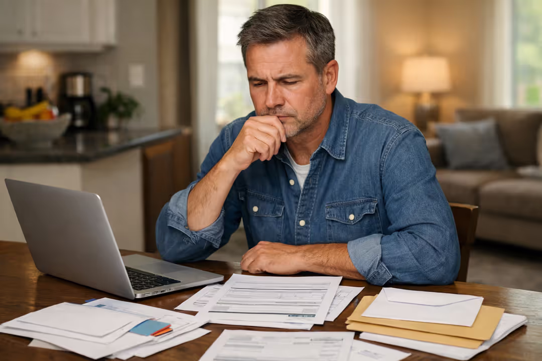Person sitting at kitchen table reviewing health insurance documents and paperwork with laptop open nearby
