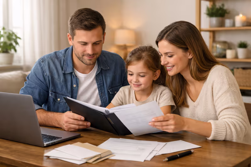 Young family sitting at a table reviewing healthcare documents and paperwork together in a bright living room