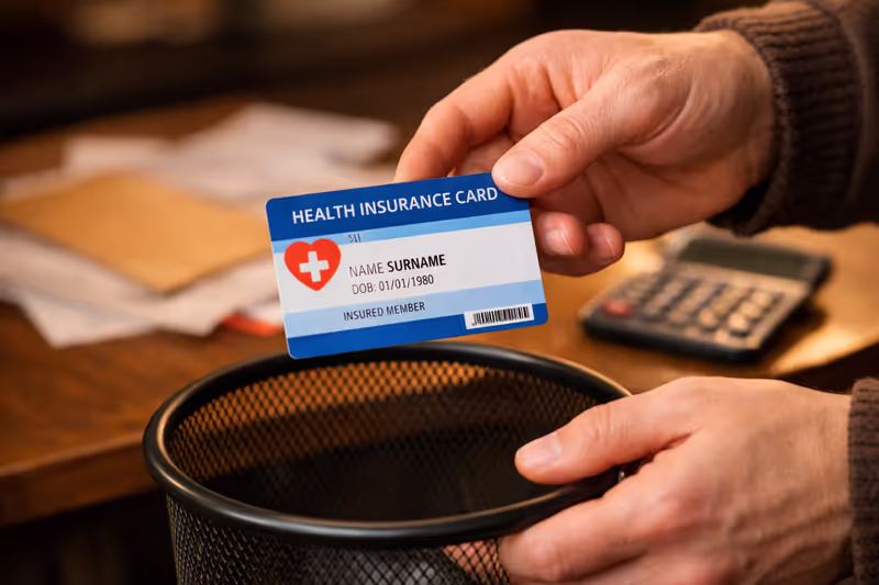 Person holding a health insurance card over a trash bin with paperwork and calculator on a desk in the background