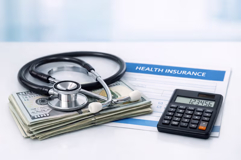 Stethoscope lying on a stack of dollar bills next to a health insurance policy document and a small calculator on a light blue medical background