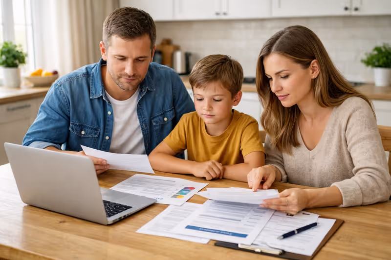 Family sitting at kitchen table reviewing health insurance documents on laptop with paperwork spread out