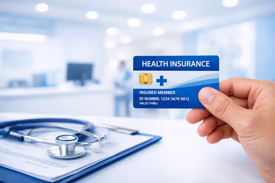 Hand holding a health insurance card at a modern clinic reception desk with stethoscope and medical documents in the background