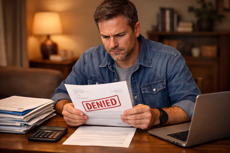 Person sitting at a desk reviewing a health insurance denial letter stamped denied with medical documents and laptop nearby