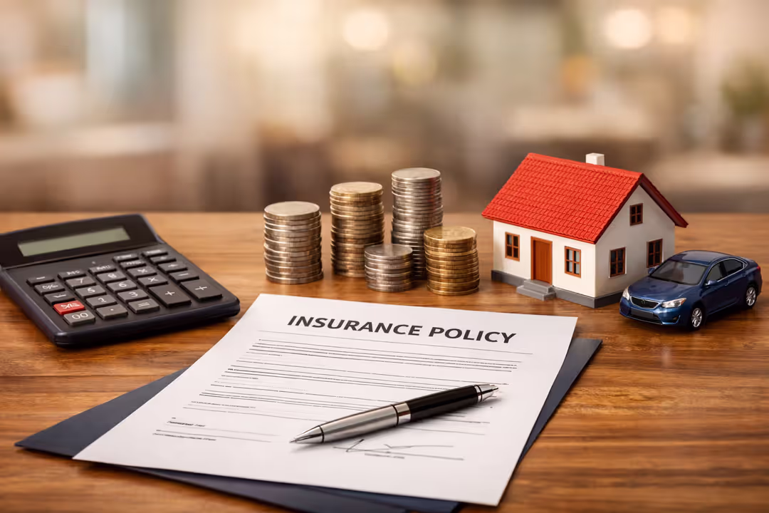 Insurance policy document on a desk with calculator, coin stacks, miniature house and car models representing insurance deductible concept