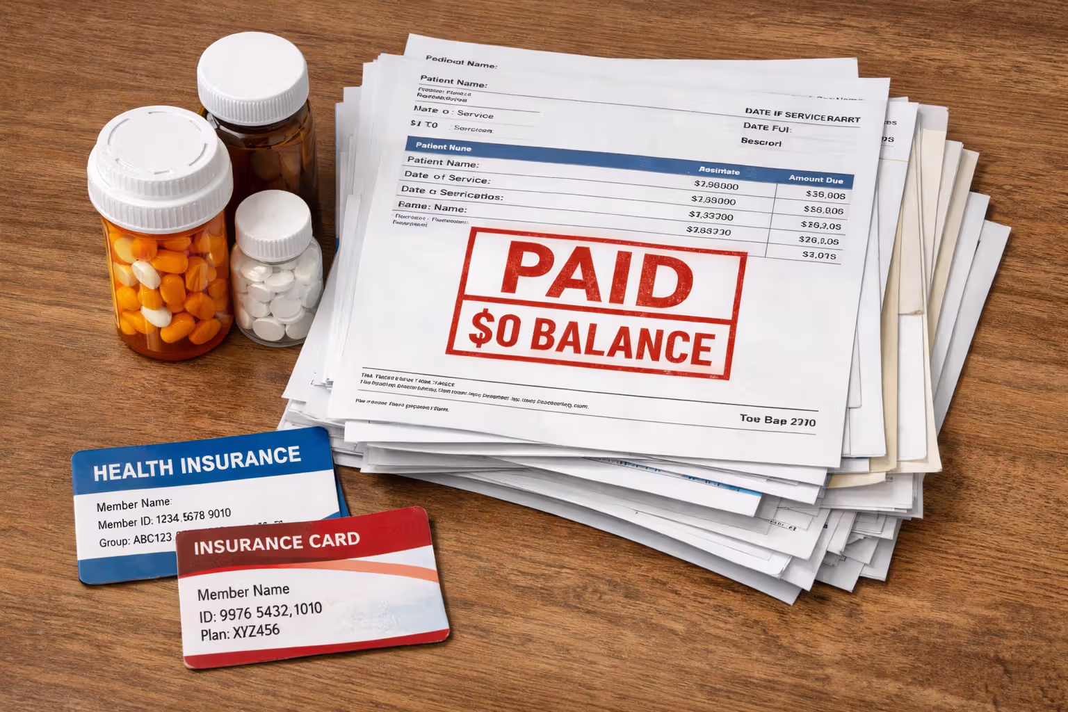 Medical bills stamped paid with prescription bottles and two insurance cards on desk showing zero balance