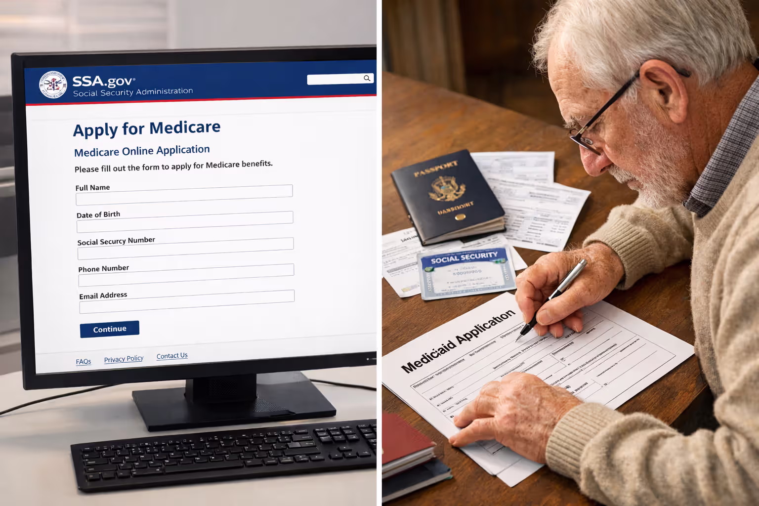 Split screen showing online Medicare enrollment on computer and elderly person filling paper Medicaid application with documents