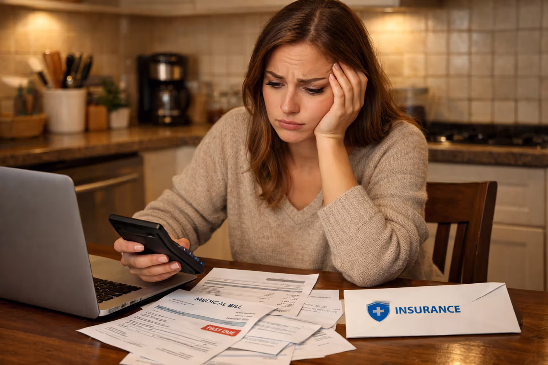 Worried young woman reviewing medical bills and using calculator at kitchen table with laptop and insurance documents