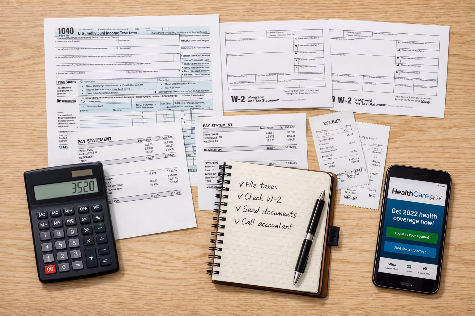 Flat lay of tax documents W-2 form pay stubs calculator and smartphone showing HealthCare.gov on wooden desk
