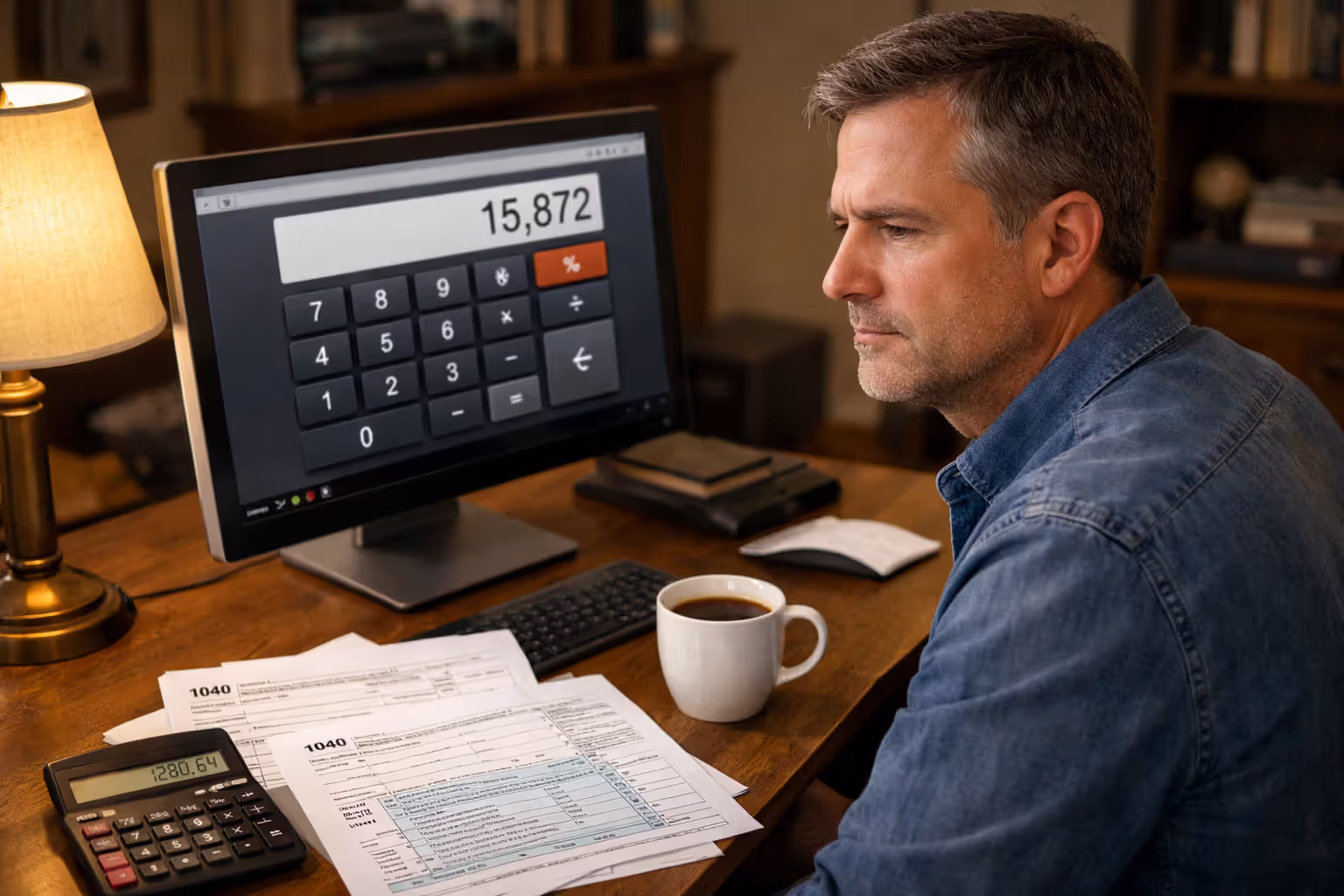 Person at home office desk calculating income on computer screen with tax form 1040 documents and calculator nearby