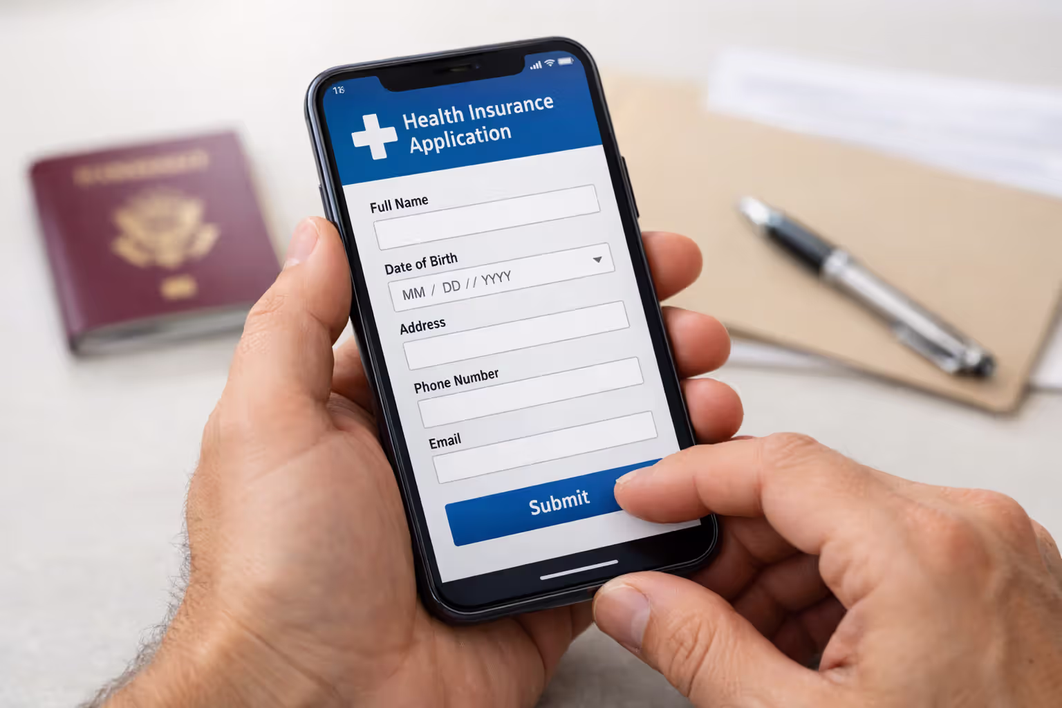 Close-up of hands holding smartphone showing health insurance marketplace application form with documents blurred in background