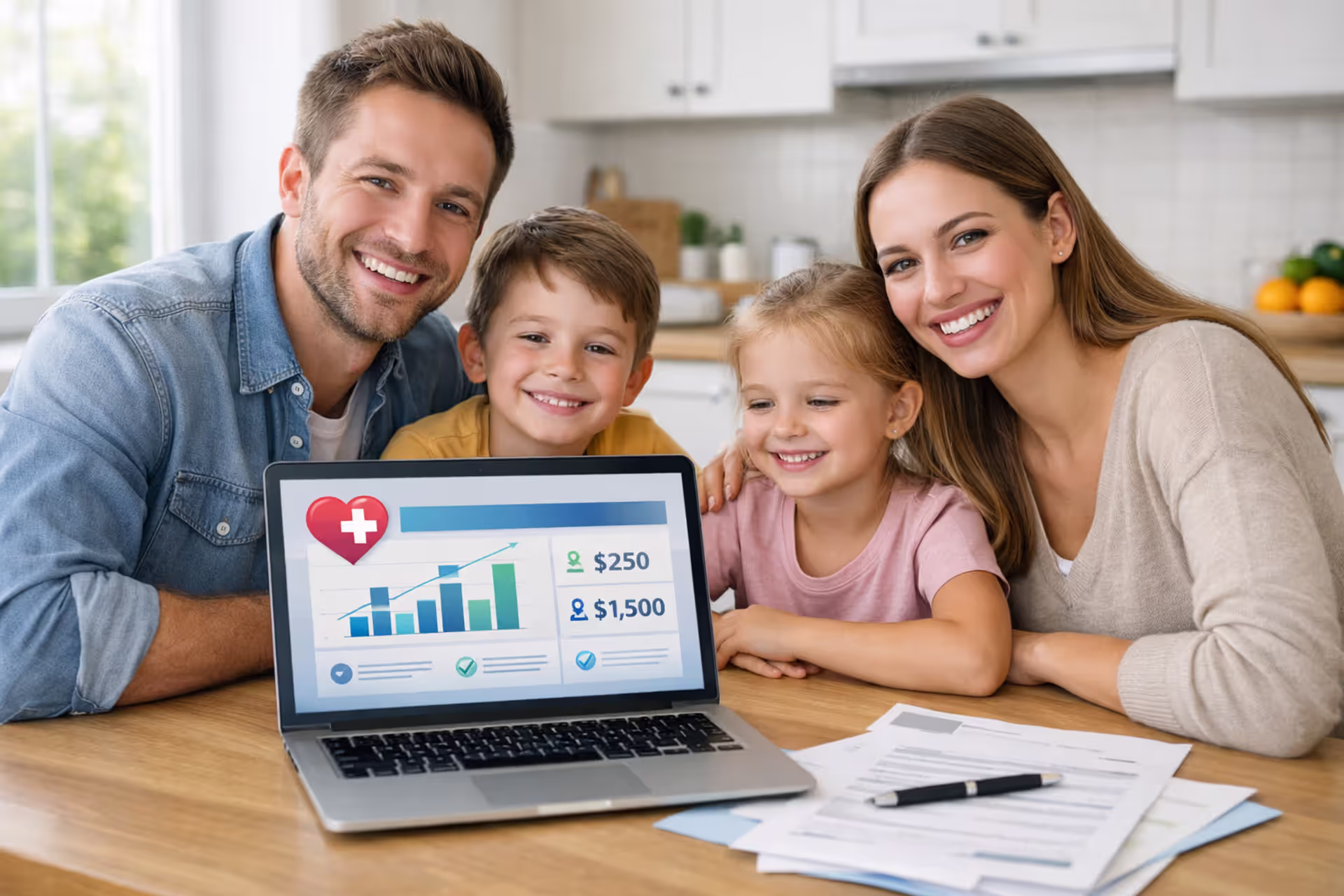 Family of four sitting at kitchen table reviewing health insurance options on laptop with documents, bright modern kitchen