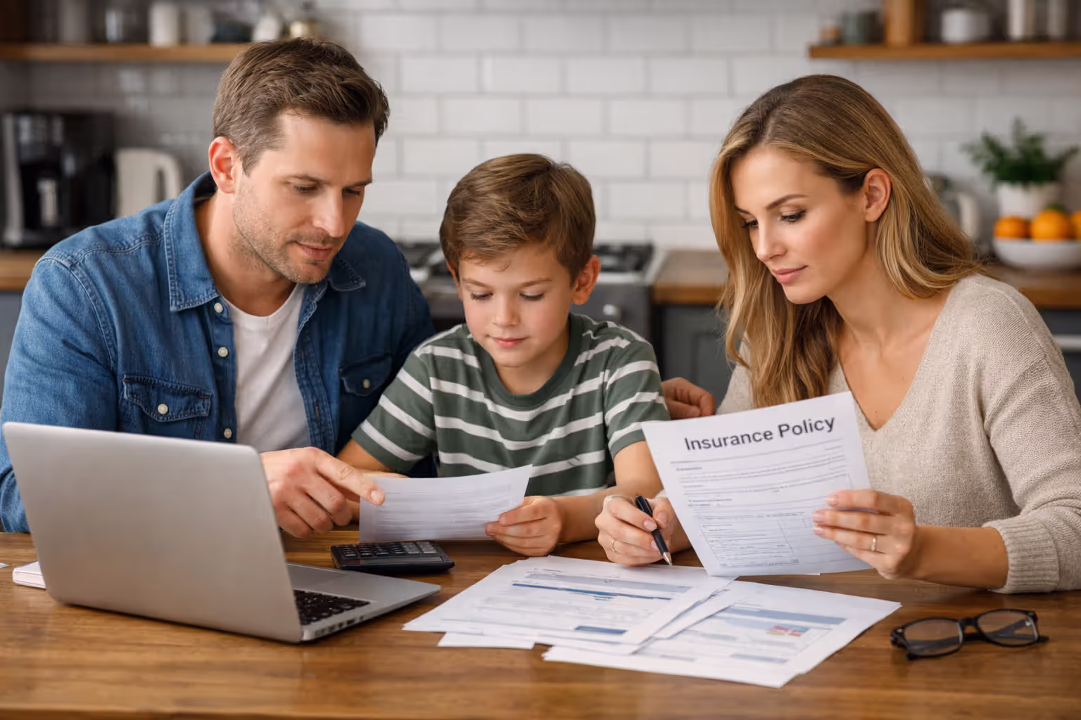 Family reviewing health insurance documents together at kitchen table with open laptop