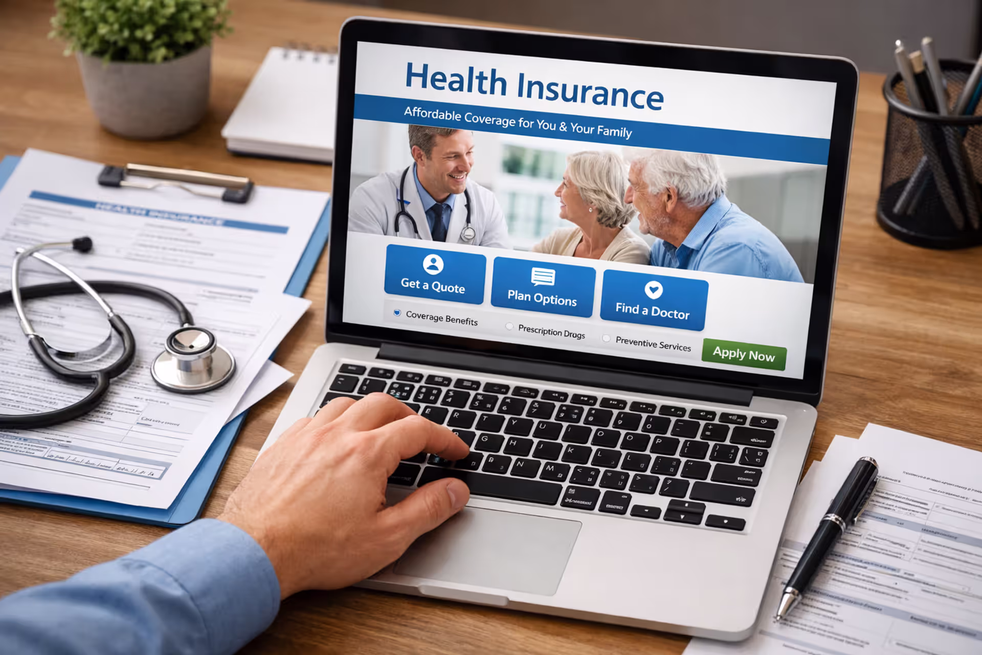 Person canceling health insurance plan on laptop with documents and calculator on desk