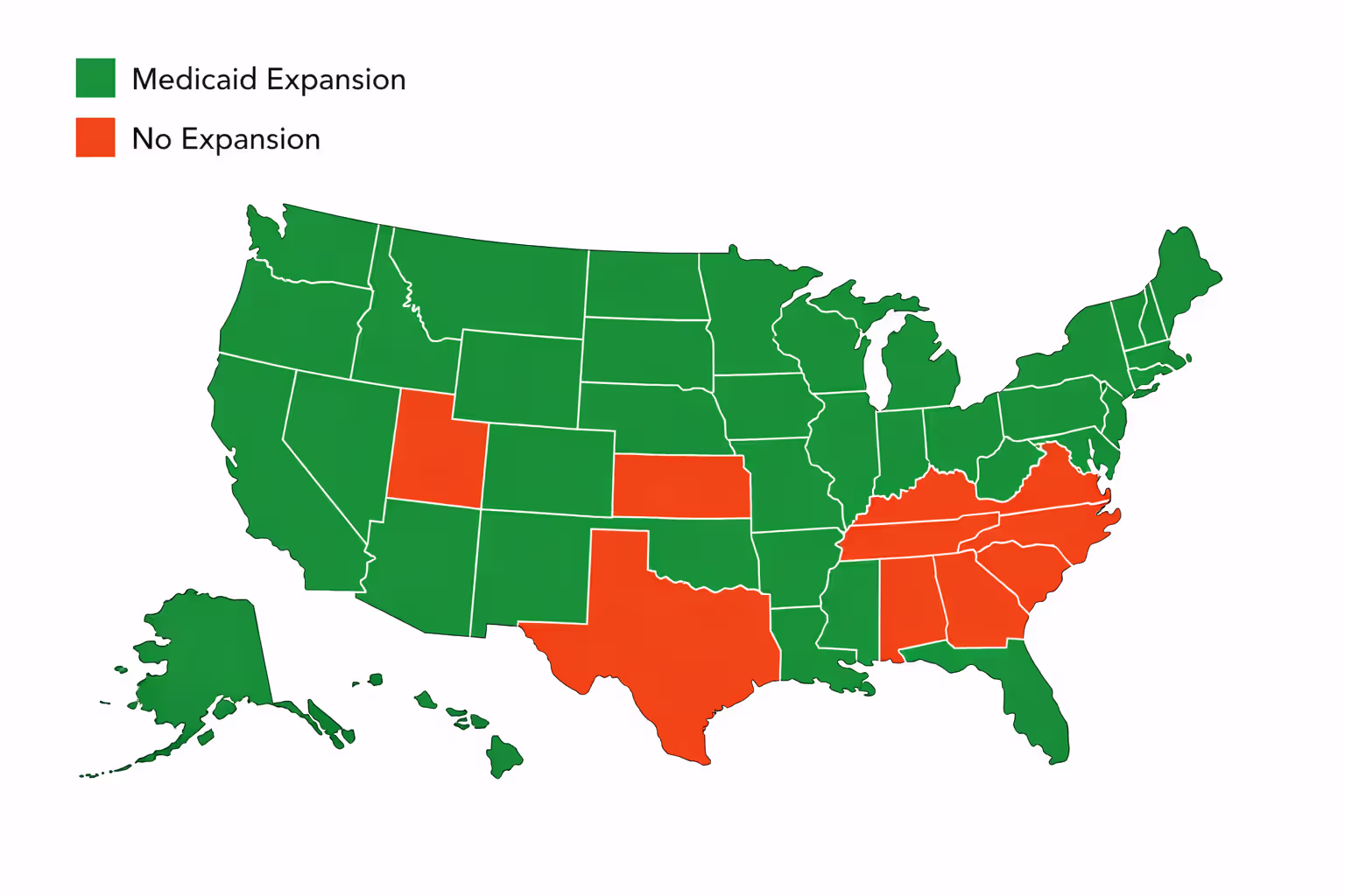 Map of the United States showing Medicaid expansion status with 40 states highlighted in green and 10 non-expansion states in orange