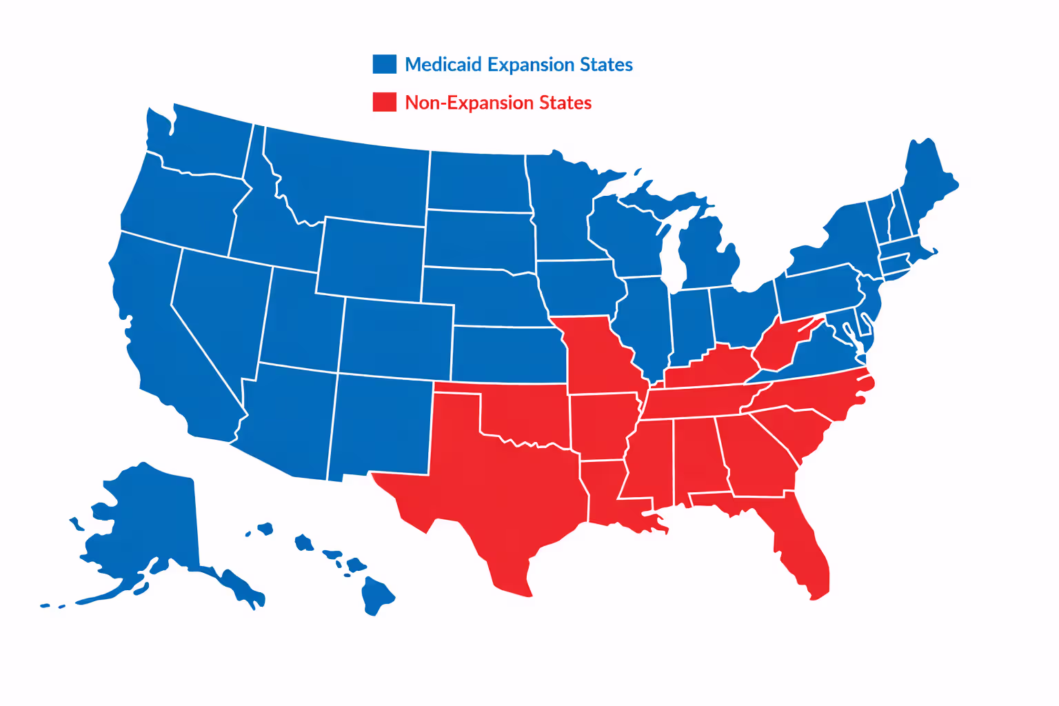 US map showing Medicaid expansion states versus non-expansion states in two contrasting colors