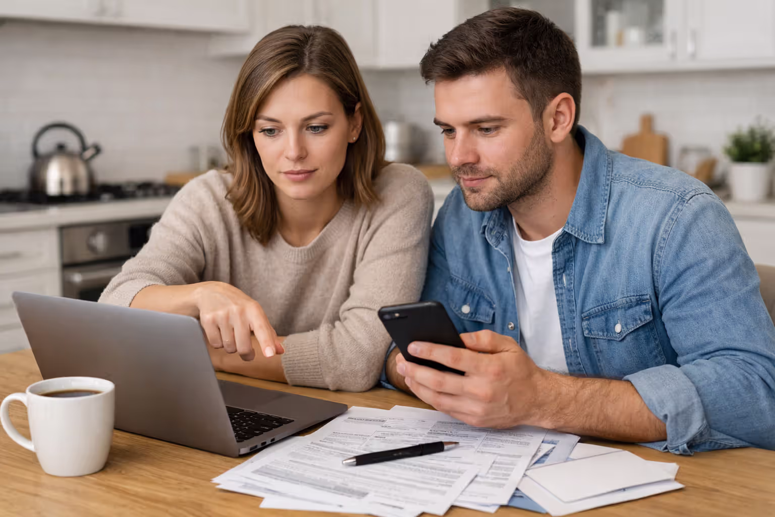 Young couple sitting at a kitchen table reviewing health insurance enrollment documents on a laptop with paperwork and coffee mug nearby