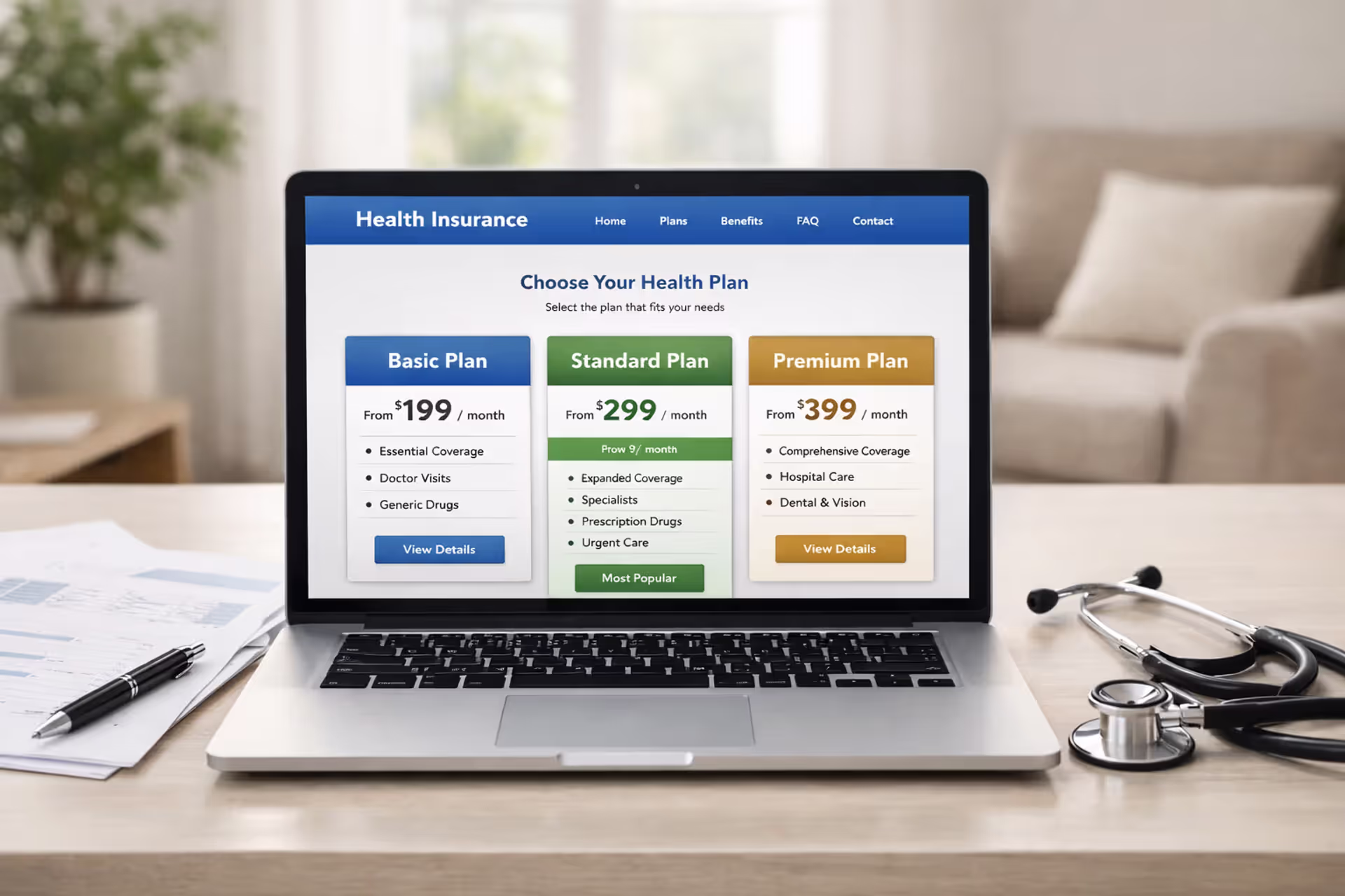 Laptop on a desk showing a health insurance marketplace website interface with plan comparison cards, stethoscope and documents nearby in a bright home office