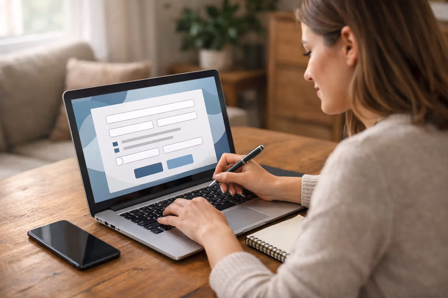 Young woman sitting at home filling out an online health insurance application on her laptop