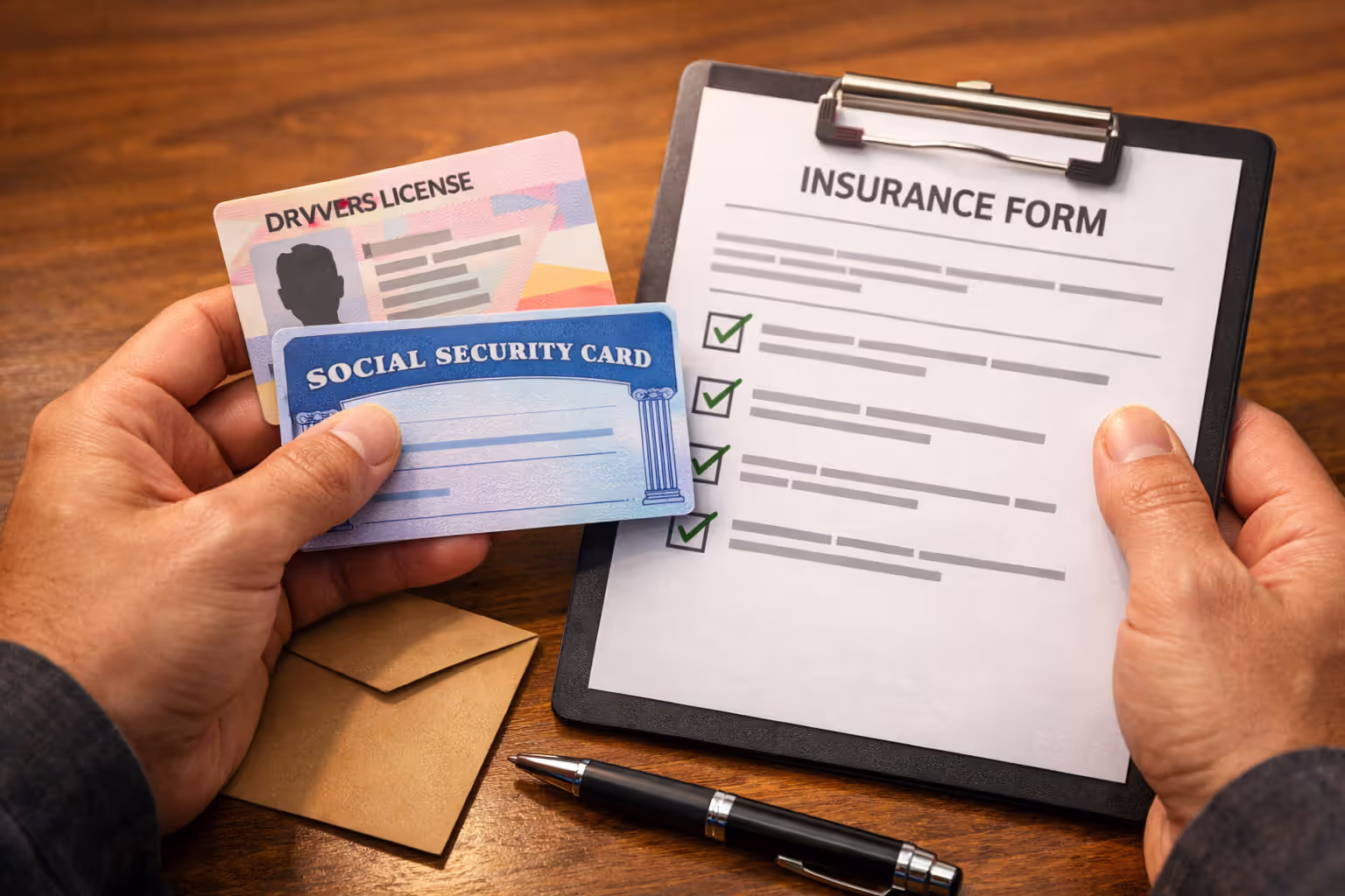 Close-up of hands holding identification documents and a health insurance application form with checkmarks