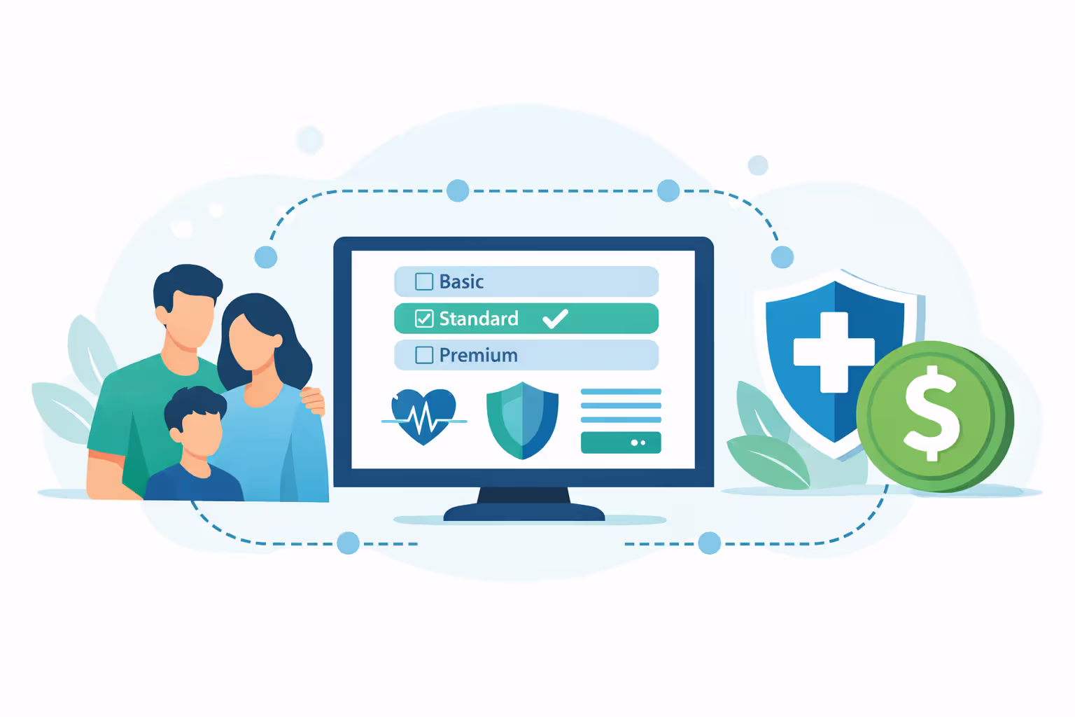 Flat illustration showing family connected to insurance marketplace on computer screen with medical shield and dollar symbol