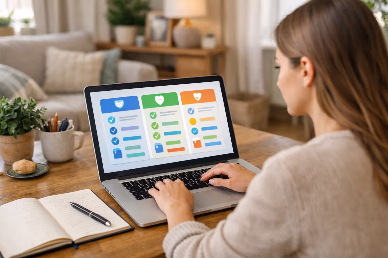 Young freelance woman comparing health insurance plans on laptop at home desk with notebook and calculator