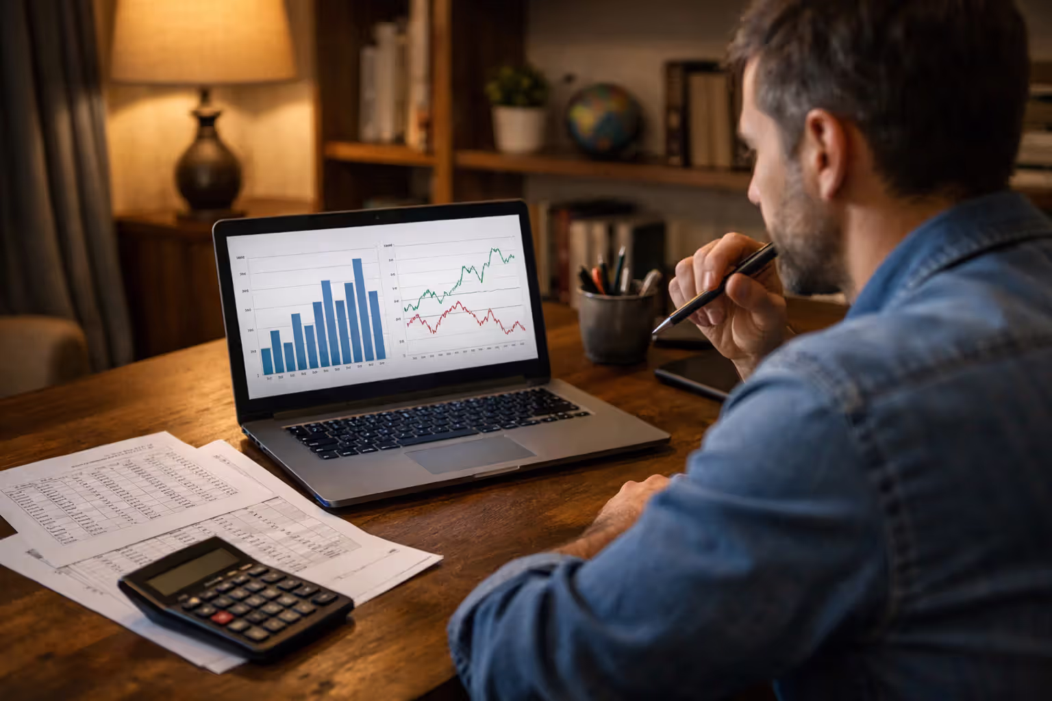 Person sitting at a desk comparing health insurance plan costs on a laptop screen with printed documents and calculator nearby