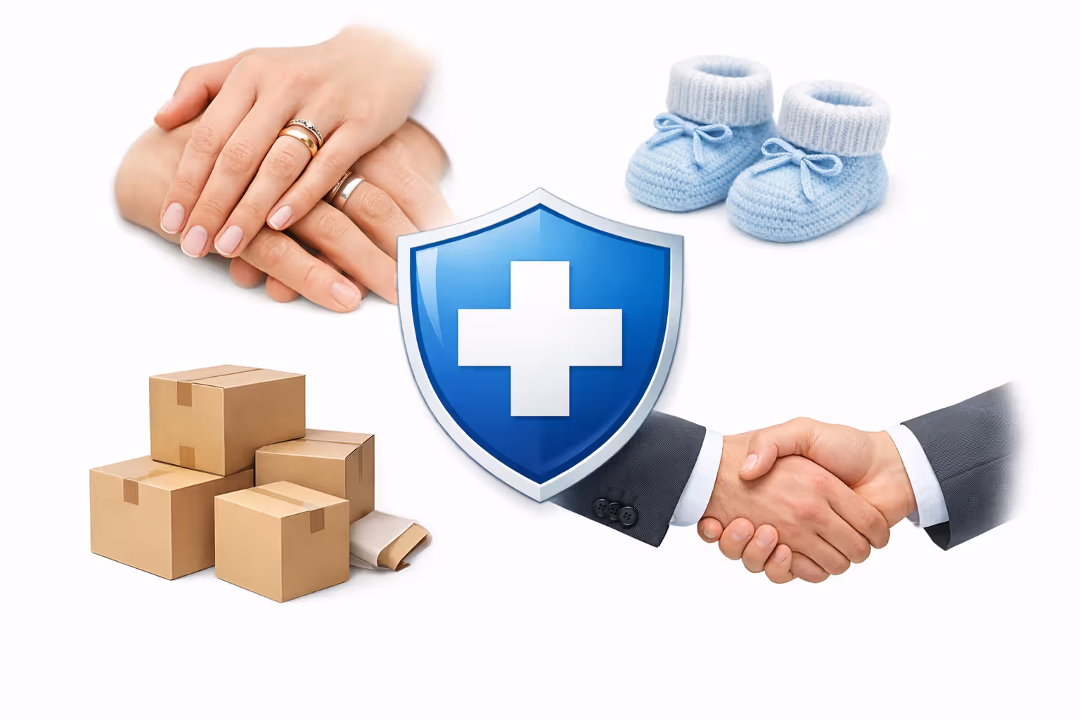 Collage of life events triggering special enrollment: wedding rings, baby booties, moving boxes, and a handshake around a central medical shield icon on white background