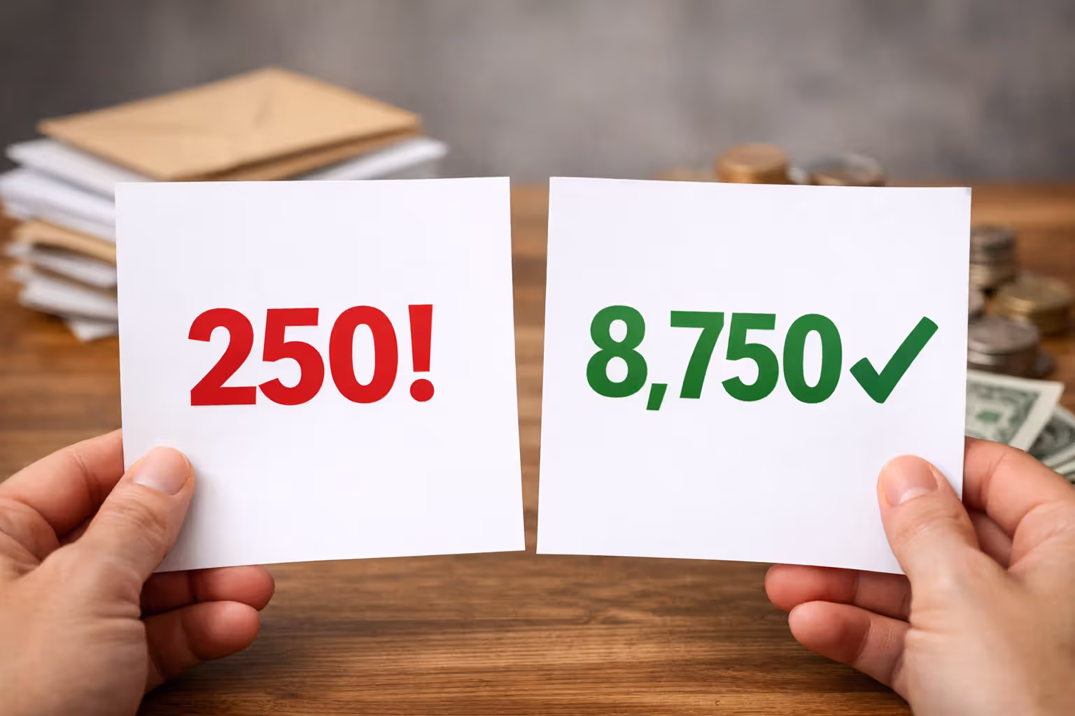 Close-up of hands holding two insurance plan comparison sheets side by side with blurred background of envelopes and coins symbolizing financial costs