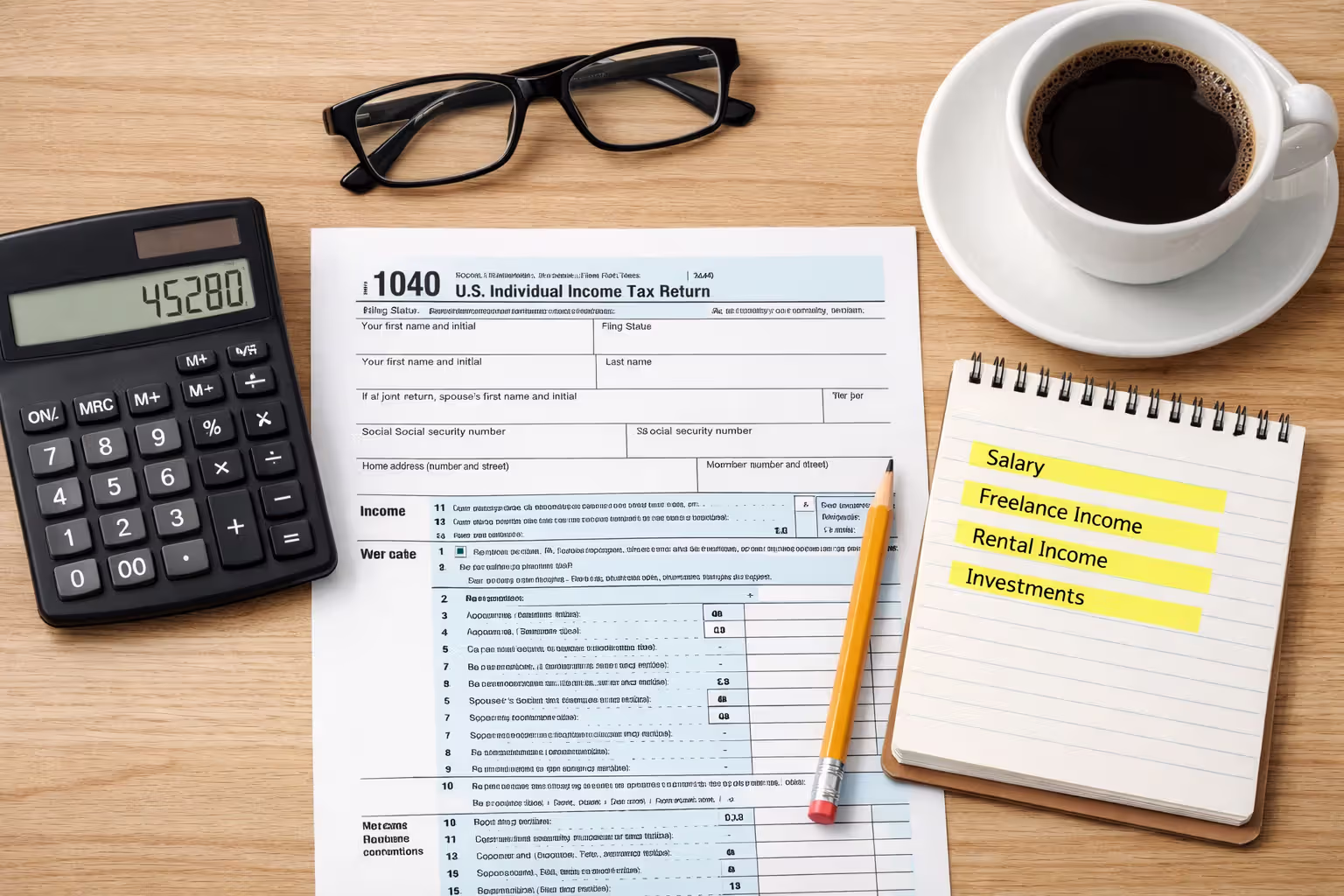 Top-down view of IRS 1040 tax form on wooden desk with calculator pencil glasses and coffee cup for income calculation