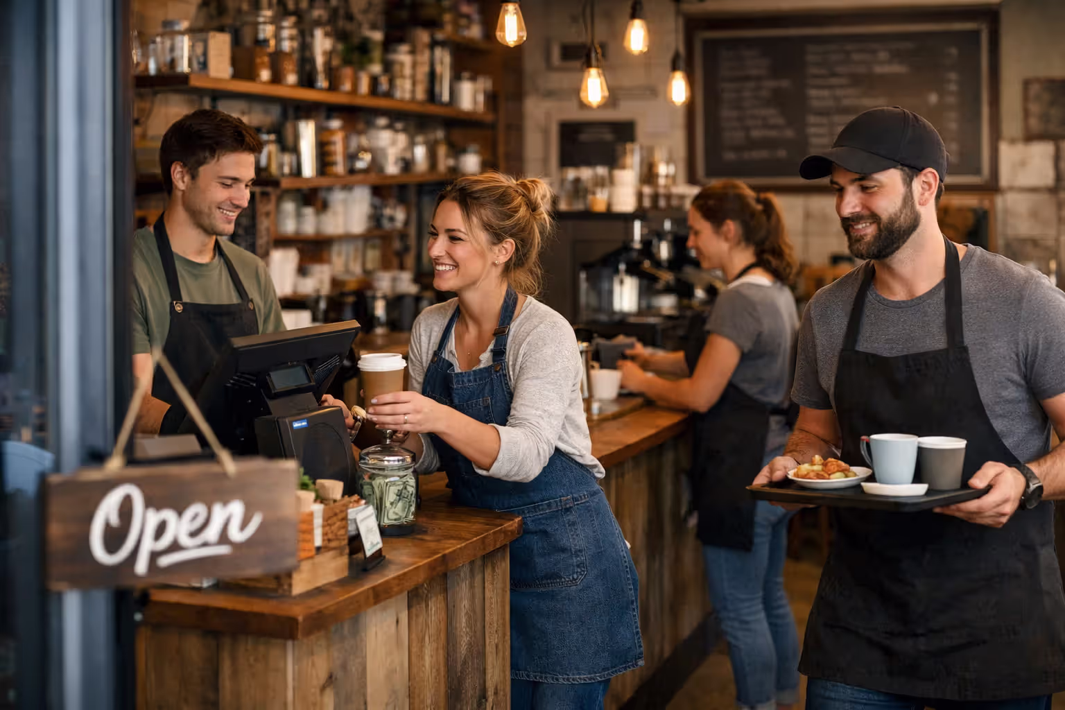 Small business cafe interior with few employees working behind counter and serving customers