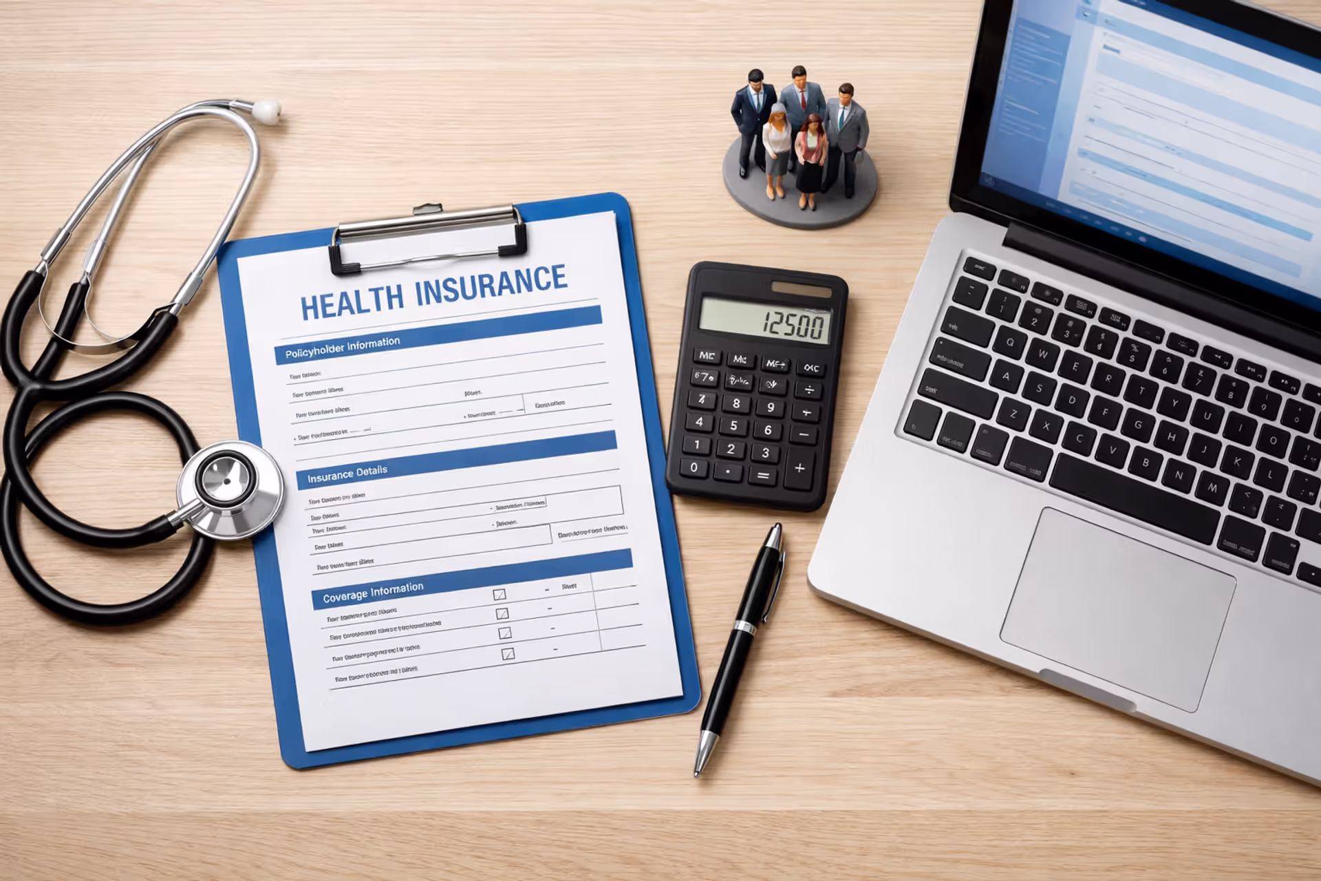 Office desk with health insurance document, stethoscope, calculator, pen, laptop, and small figurines representing employees