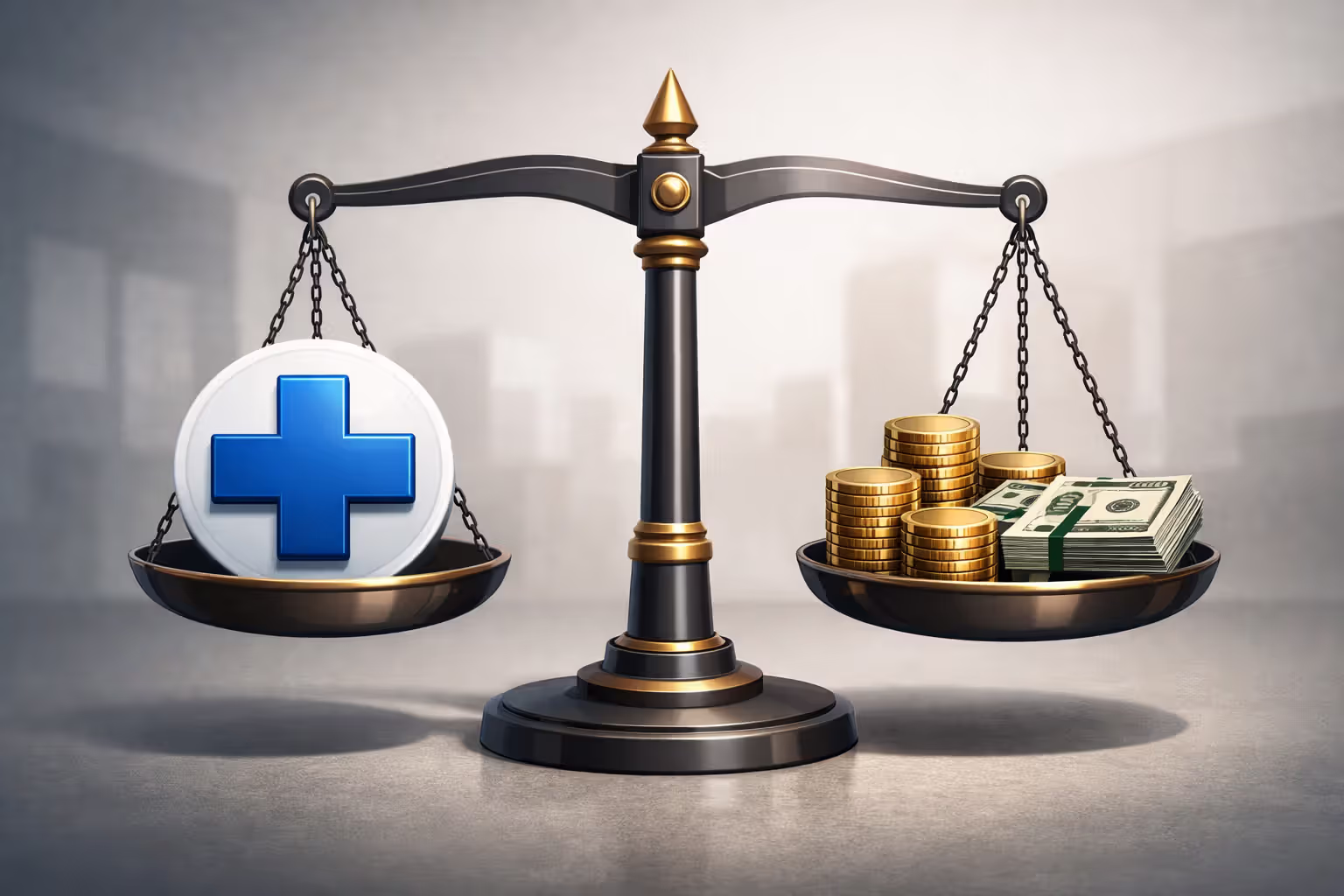 Balance scale with medical cross symbol on one side and stack of coins on the other representing employer healthcare cost obligations