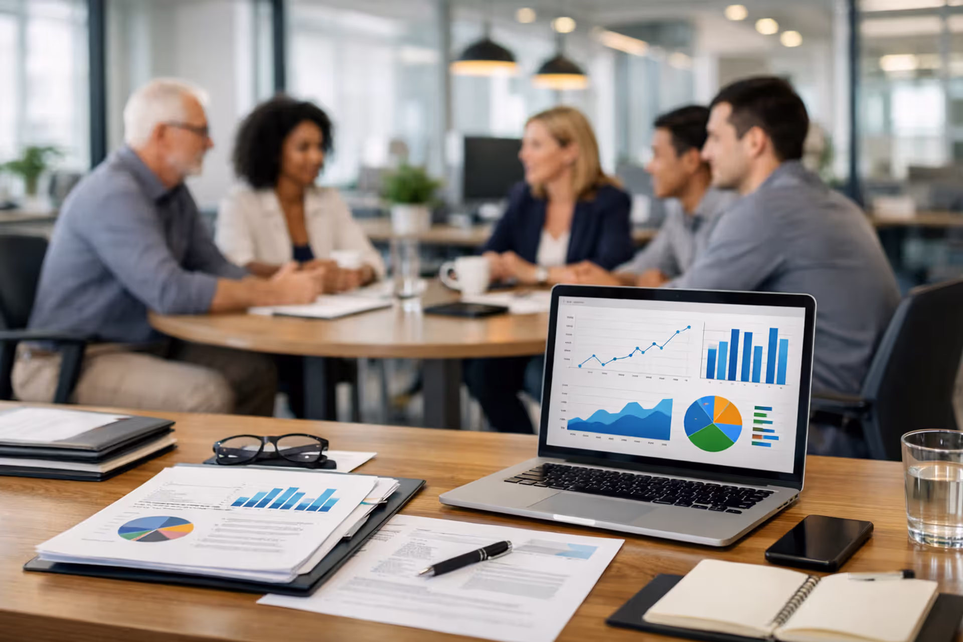 Modern office with employees discussing health insurance benefits around a conference table with documents and laptop showing charts