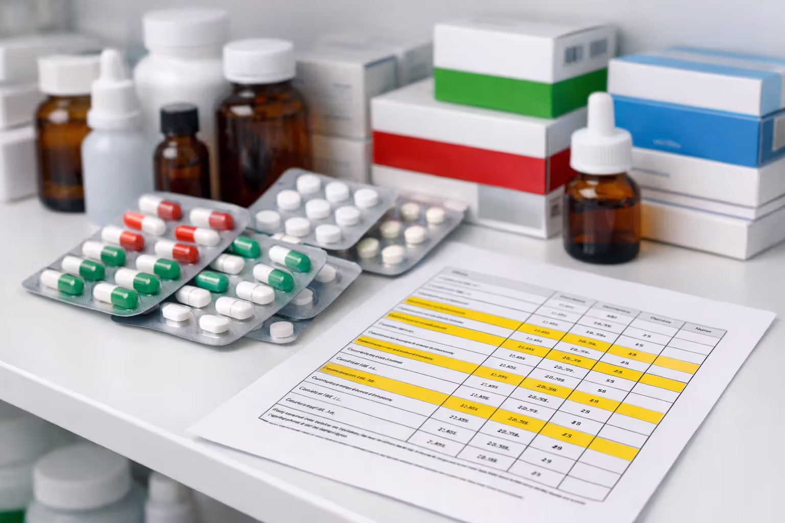 Close-up of pharmacy shelf with various medication packages, pill bottles, and blister packs next to a printed formulary document with highlighted rows