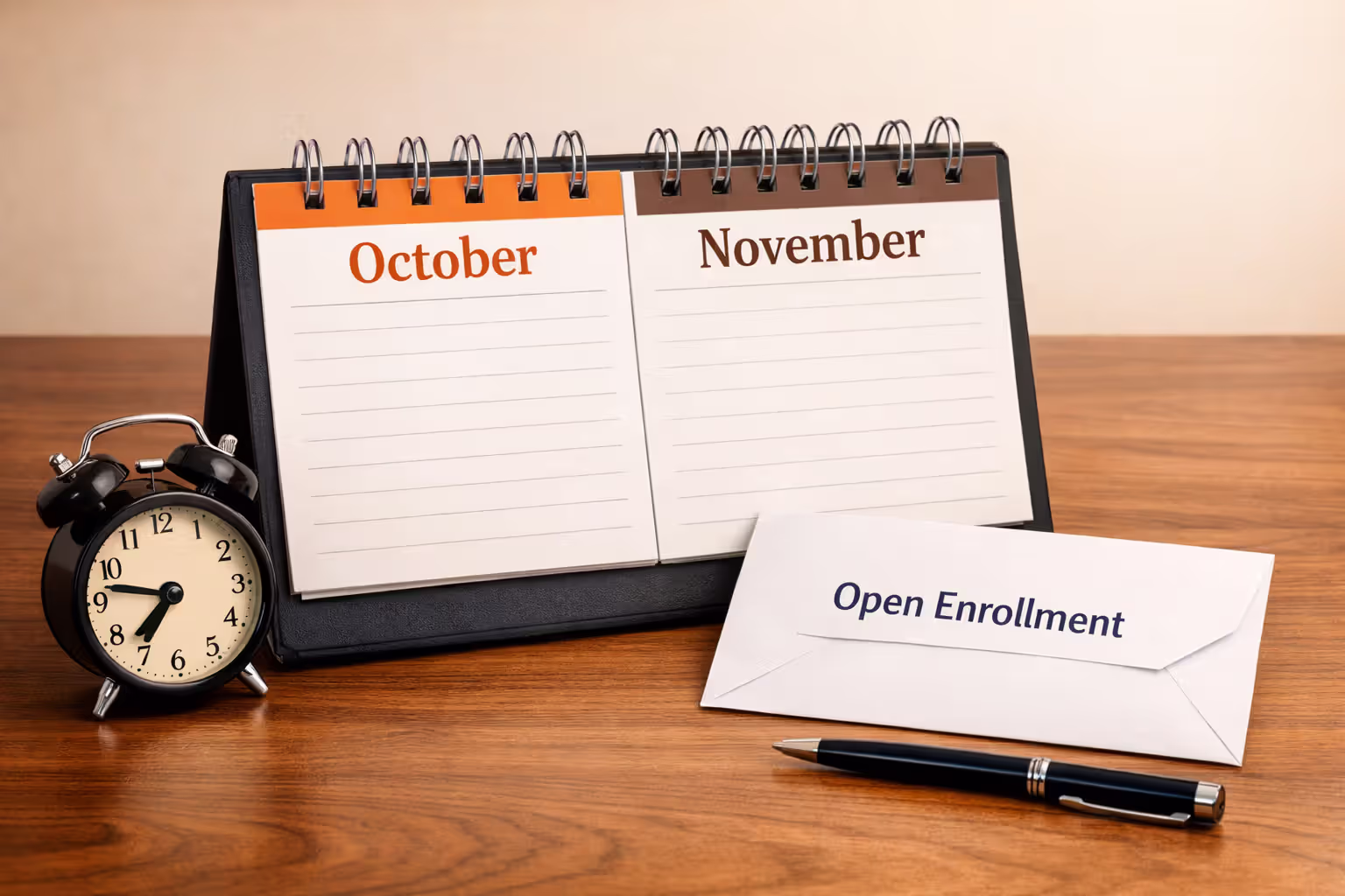 Desk with an open enrollment notification envelope, a small alarm clock, and a pen on a clean wooden surface representing enrollment deadline awareness