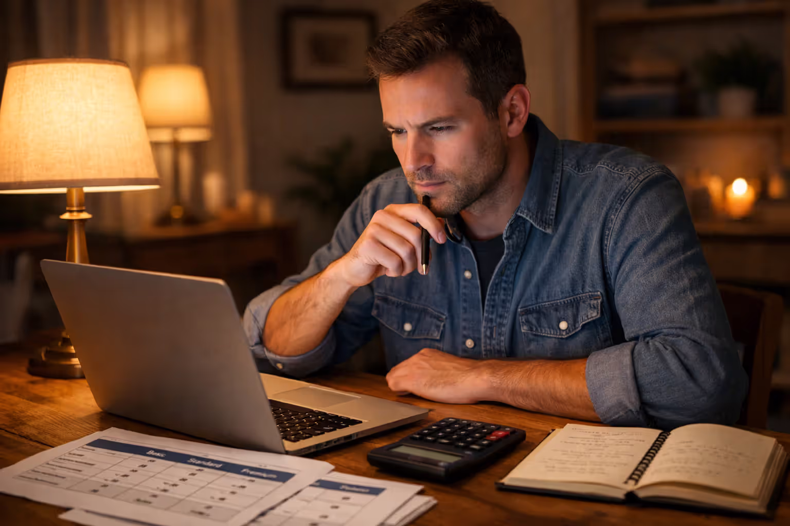 Person sitting at a home desk in the evening comparing health plan documents on a laptop with printed comparison sheets, calculator, and notepad nearby under warm desk lamp light