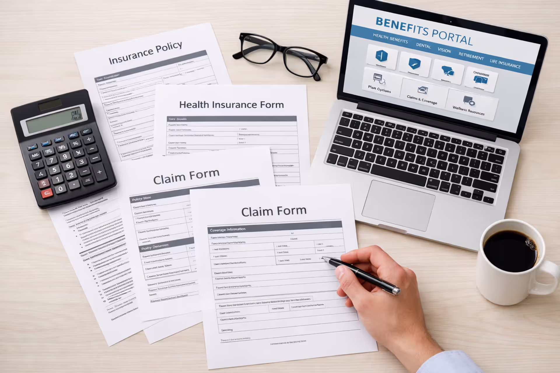 Top view of a desk with health insurance plan documents, calculator, laptop showing benefits enrollment portal, glasses, and a coffee mug with a person's hand holding a pen