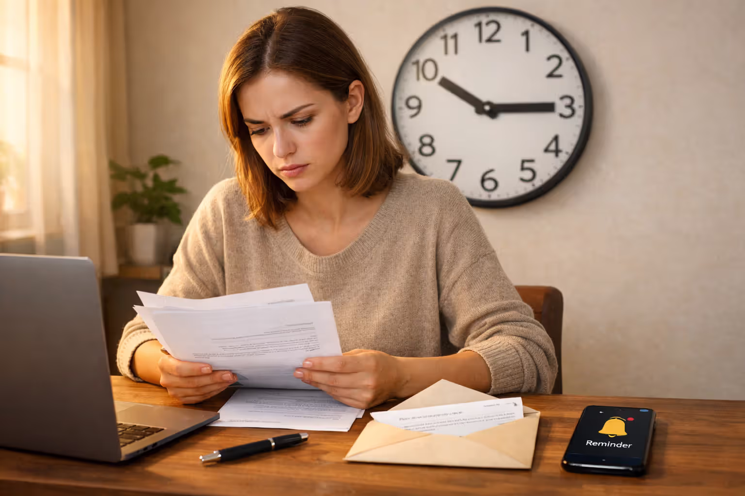 Young woman at home desk reviewing enrollment documents on laptop with reminder notification on phone and wall clock emphasizing deadline awareness