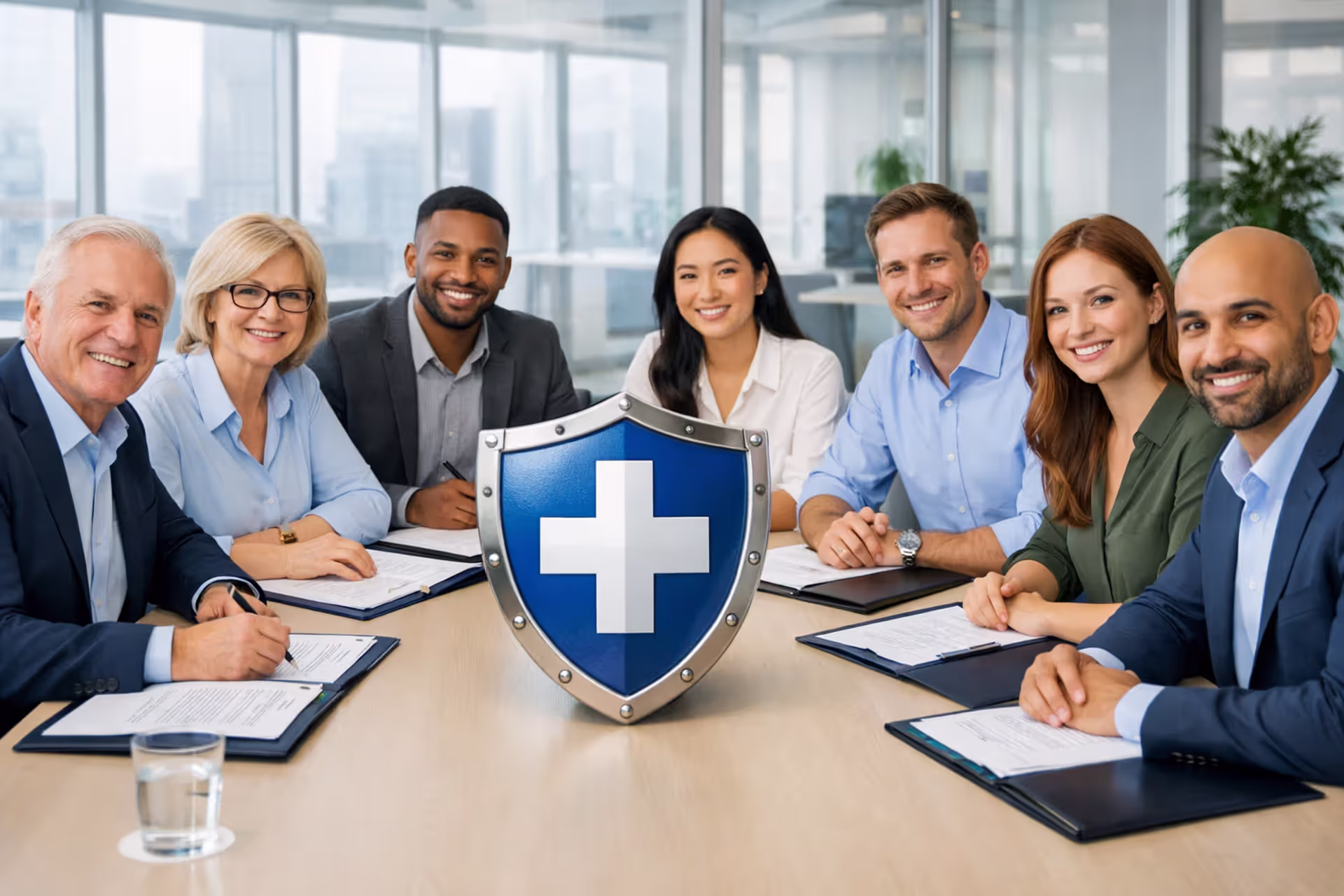 Diverse group of office employees sitting at a conference table reviewing health insurance documents with a medical shield symbol in the center
