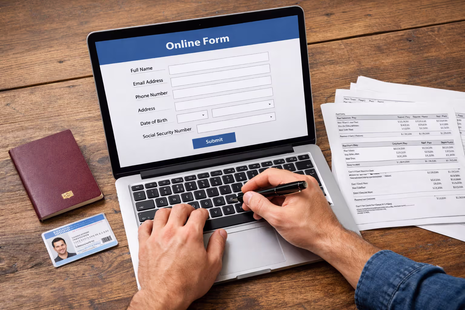 Hands filling out an online application form on a laptop with ID documents and pay stubs on the desk