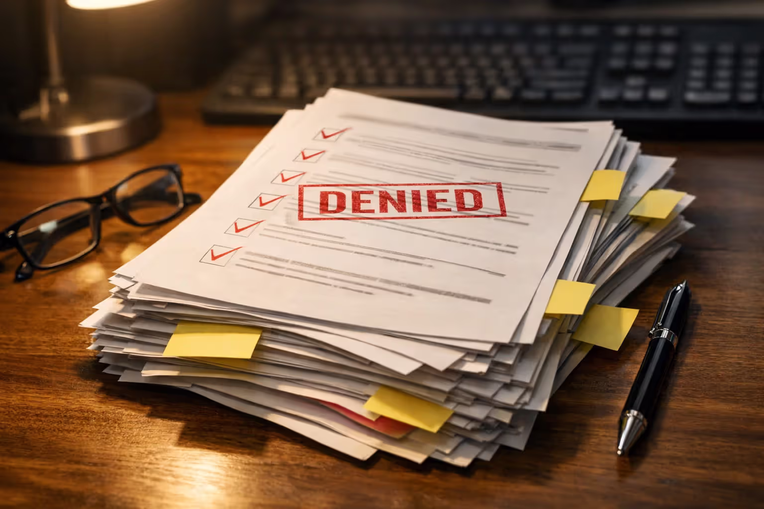 Stack of application documents with red checkmarks and a denied stamp on a desk with glasses and a pen