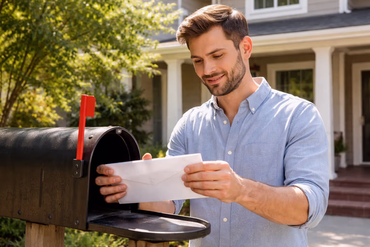 Person retrieving an official letter from a residential mailbox in front of a house