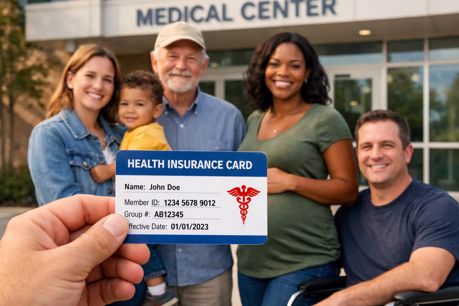 Diverse group of Americans including a mother with child, elderly man, pregnant woman, and person in wheelchair standing in front of a medical facility holding an insurance card