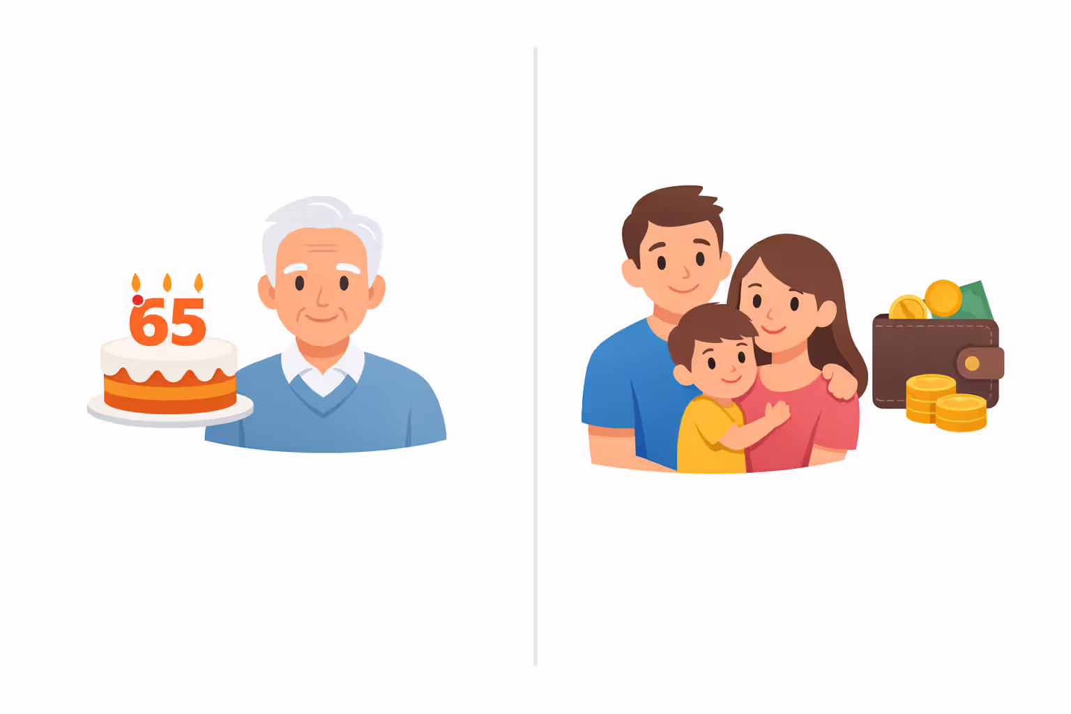 Split illustration showing elderly man with birthday cake icon on one side and young family with wallet icon on the other side representing Medicare versus Medicaid eligibility