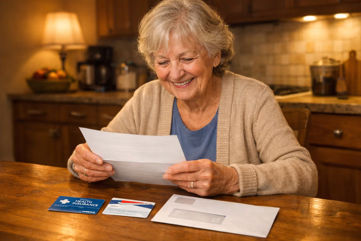 Elderly woman sitting at kitchen table reviewing two health insurance cards and government mail with a relieved expression
