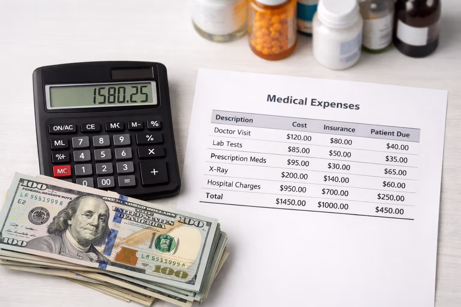 Top-down view of a calculator next to dollar bills and a printed medical expense sheet with prescription bottles blurred in background