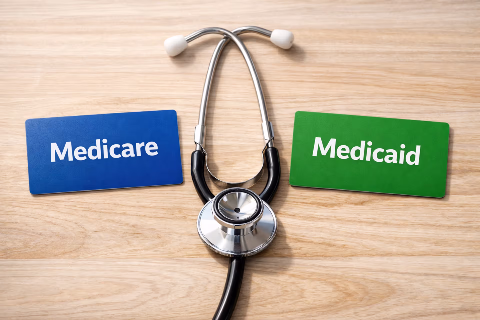 Two health insurance cards labeled Medicare and Medicaid lying side by side on a wooden desk with a stethoscope between them