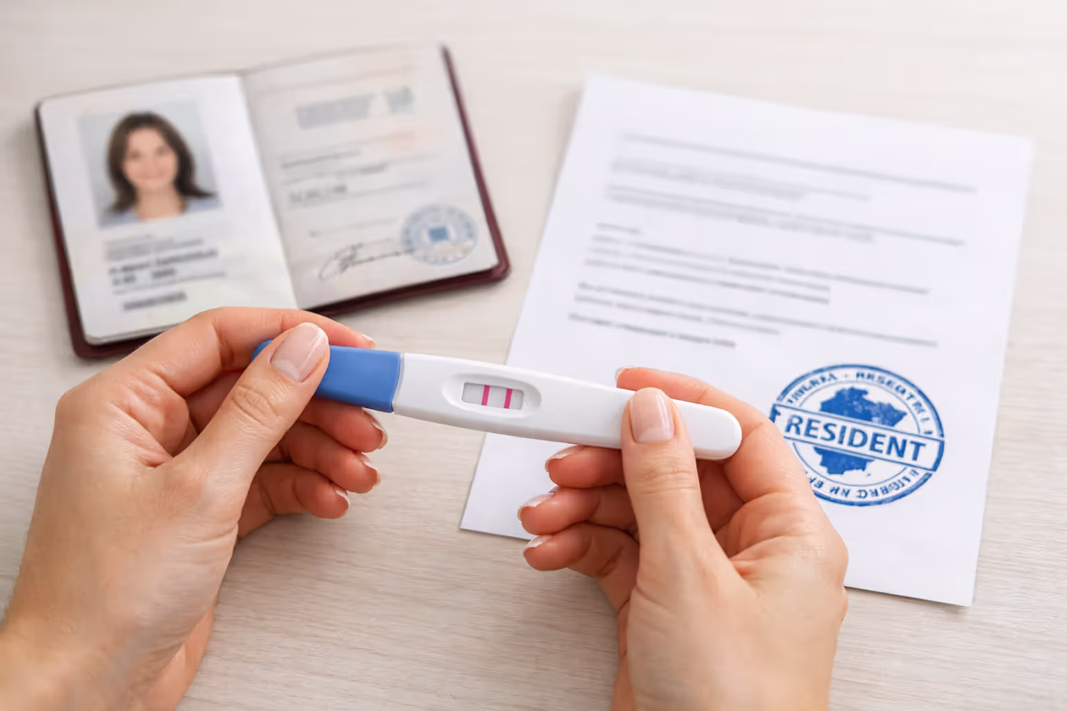 Close-up of hands holding positive pregnancy test next to identification document and proof of residency on desk